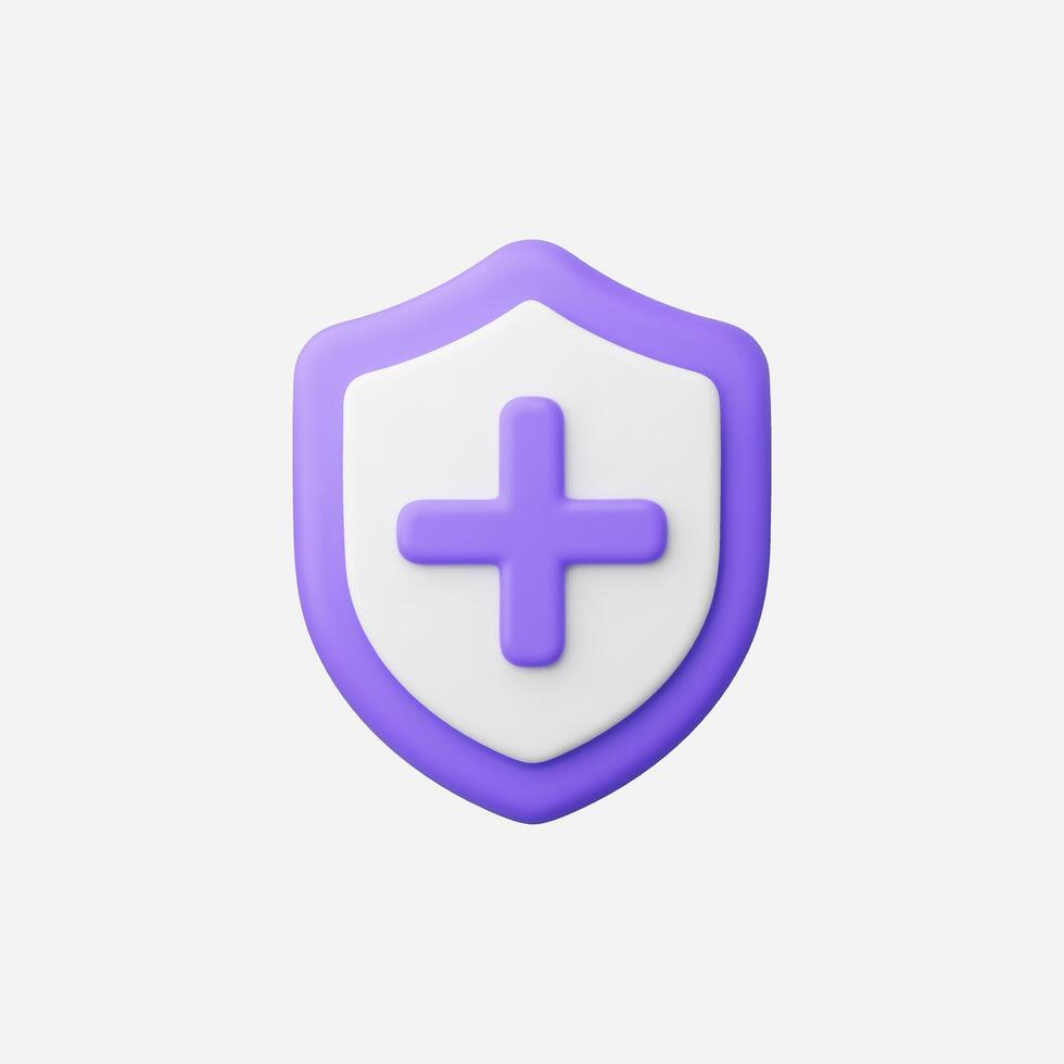 A purple and white shield icon with a plus sign, symbolizing health. vector
