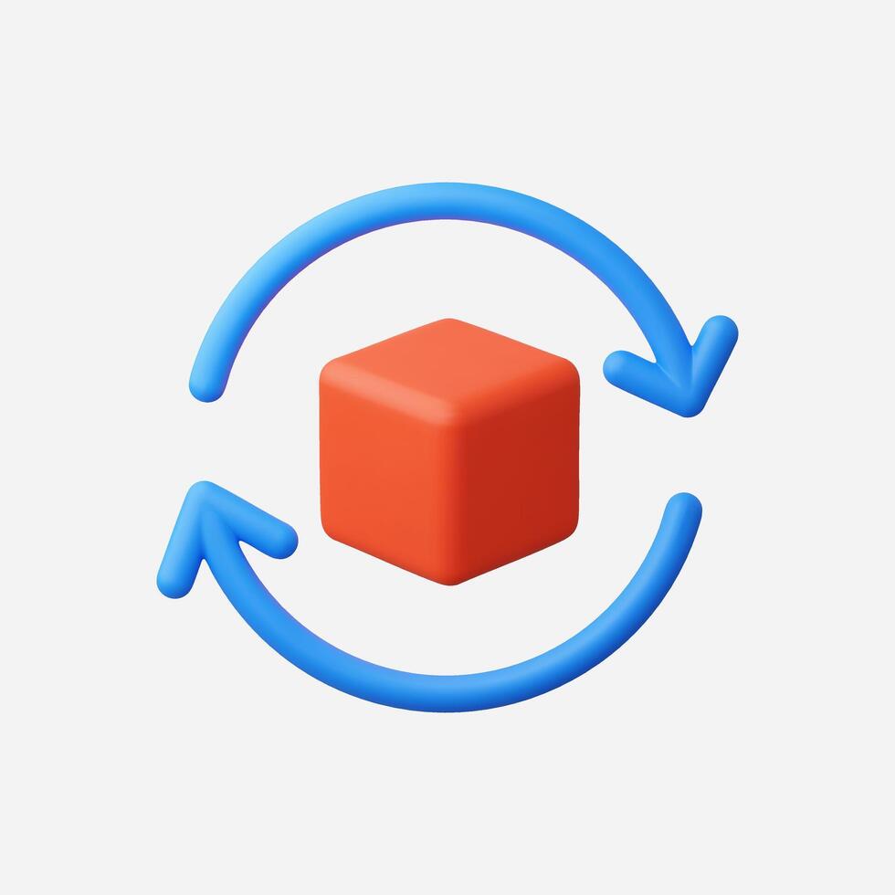 A vibrant, minimalist icon featuring a red cube surrounded by blue arrows. vector