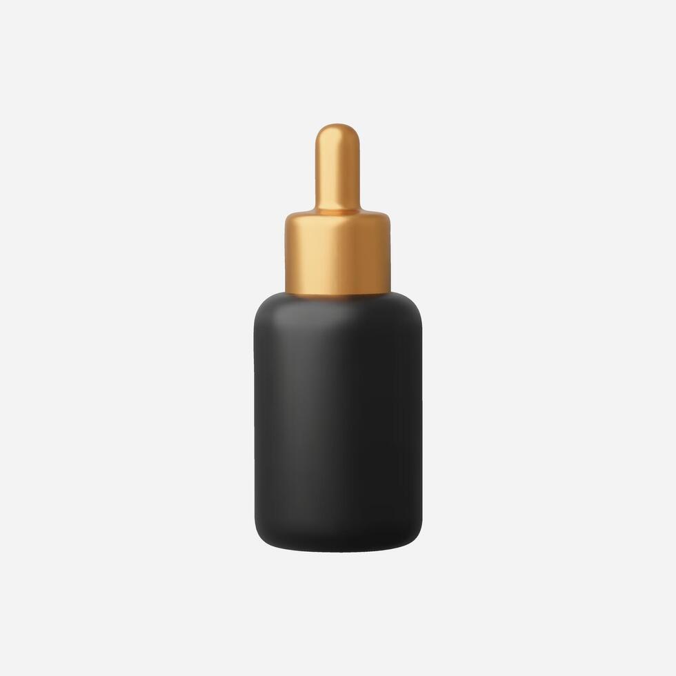 A sleek black dropper bottle with a golden cap on a white background. vector