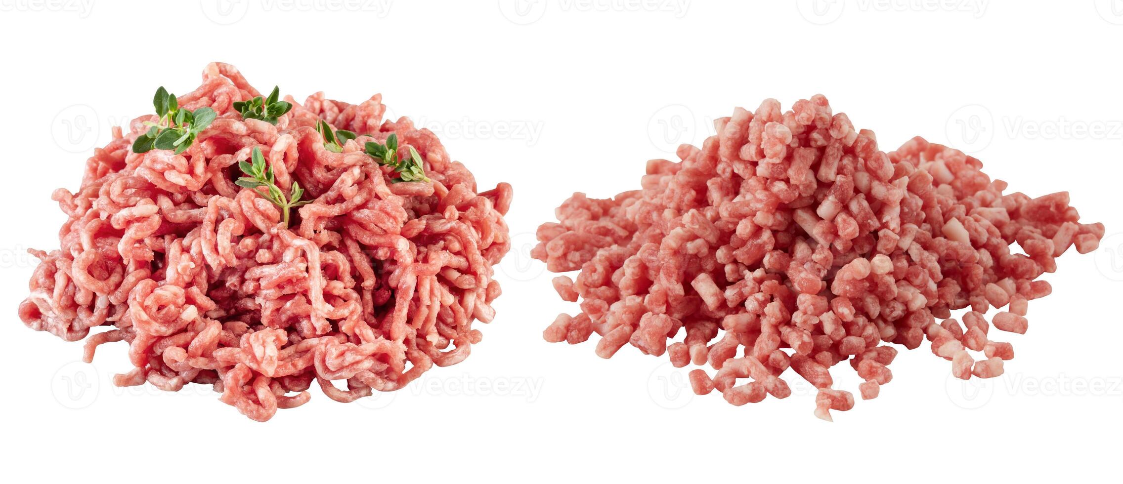 Small fresh minced pork cubes cut out isolated white background with clipping path photo