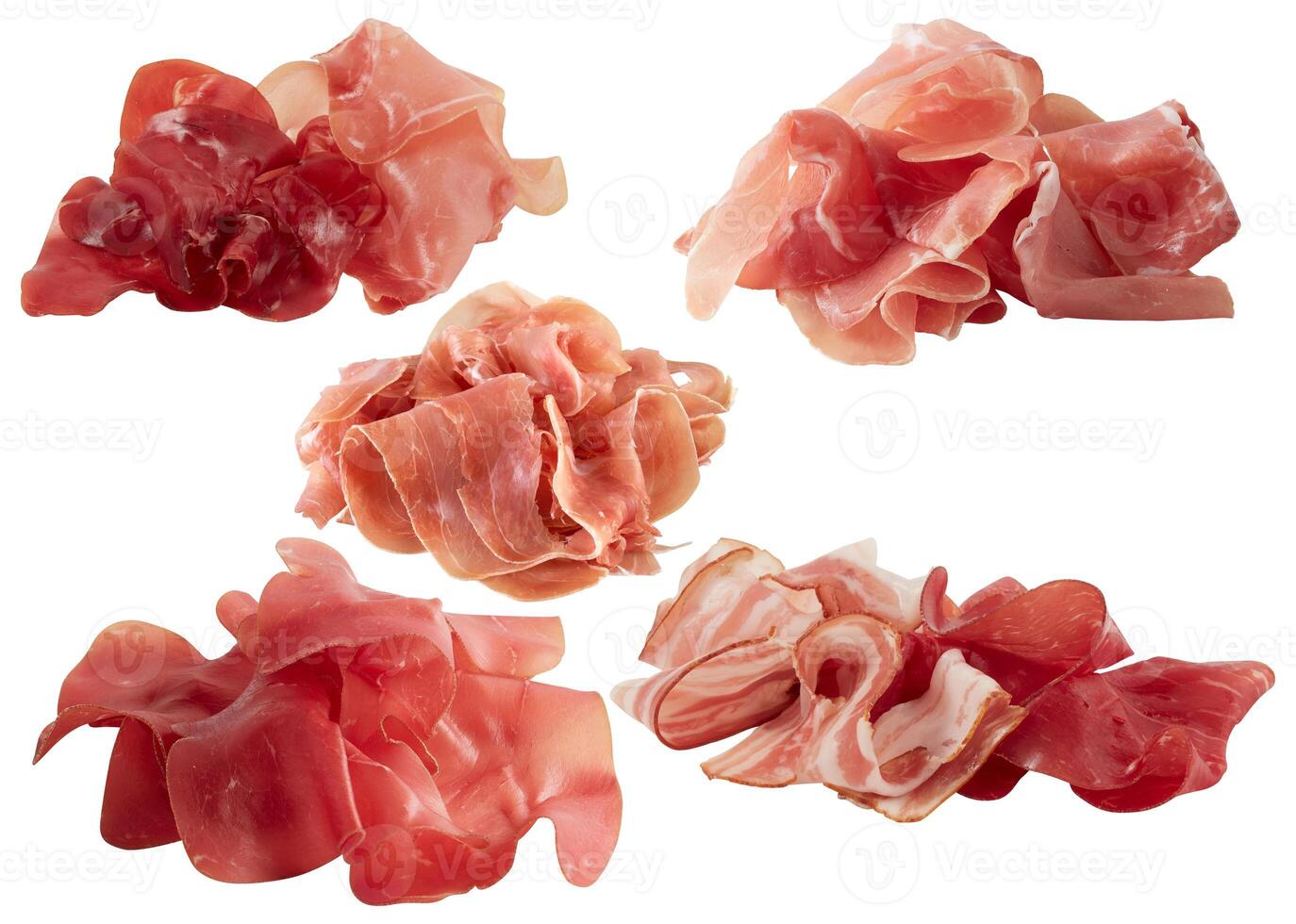 Smoked Ham and Bacon Slices cut out isolated white background with clipping path photo