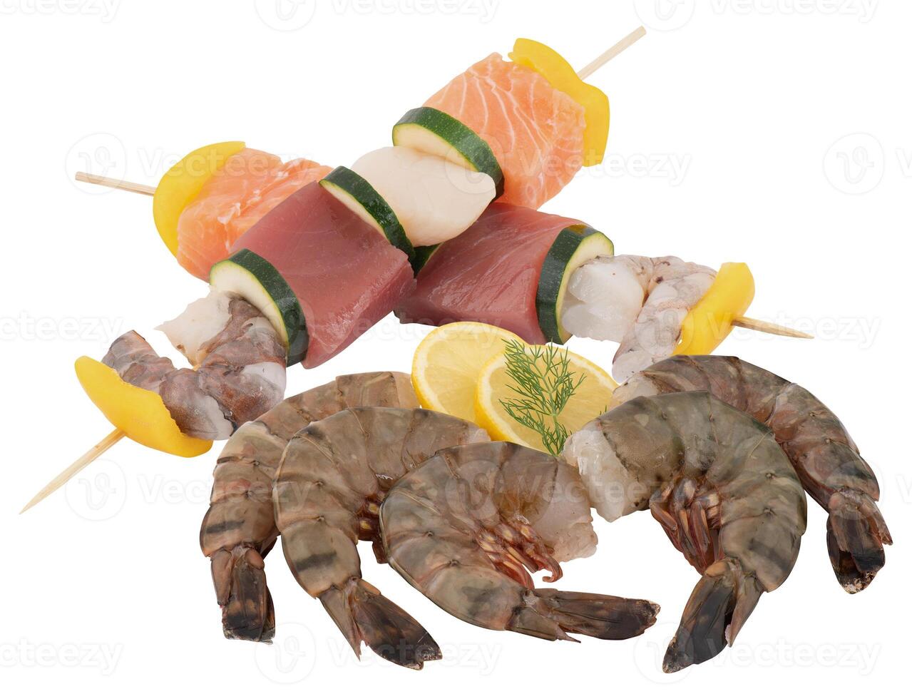Fresh shrimp with yellow lime cut out isolated white background with clipping path photo