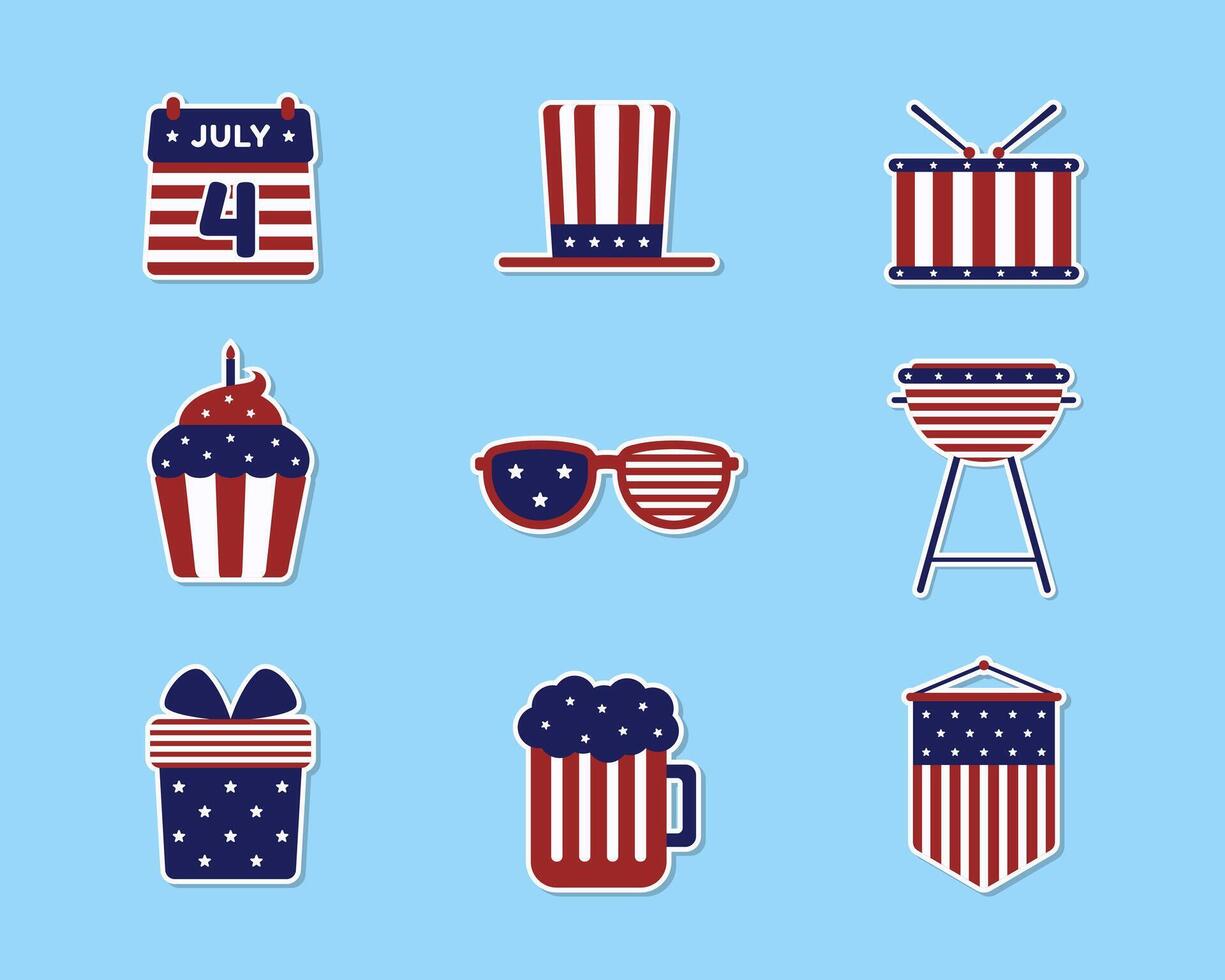 A collection of Fourth of July design elements featuring American flag colors. USA-themed sticker design templates set vector