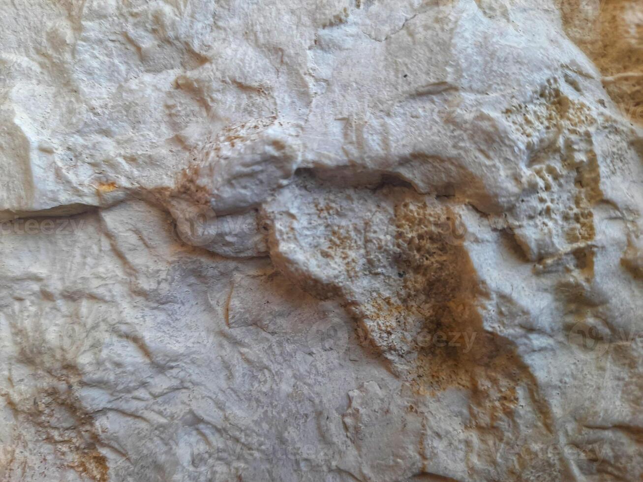 A detailed view of a rugged rock face, showcasing coarse texture, earthy tones, and signs of natural erosion and weathering. photo
