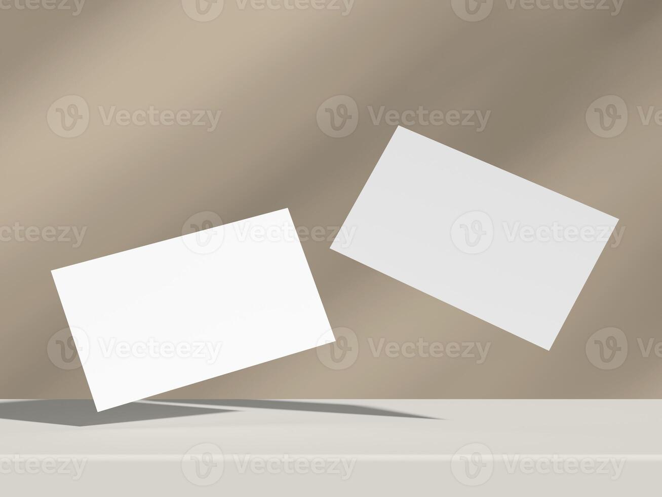 Stylish business card duo in minimalist floating layout on beige backdrop photo