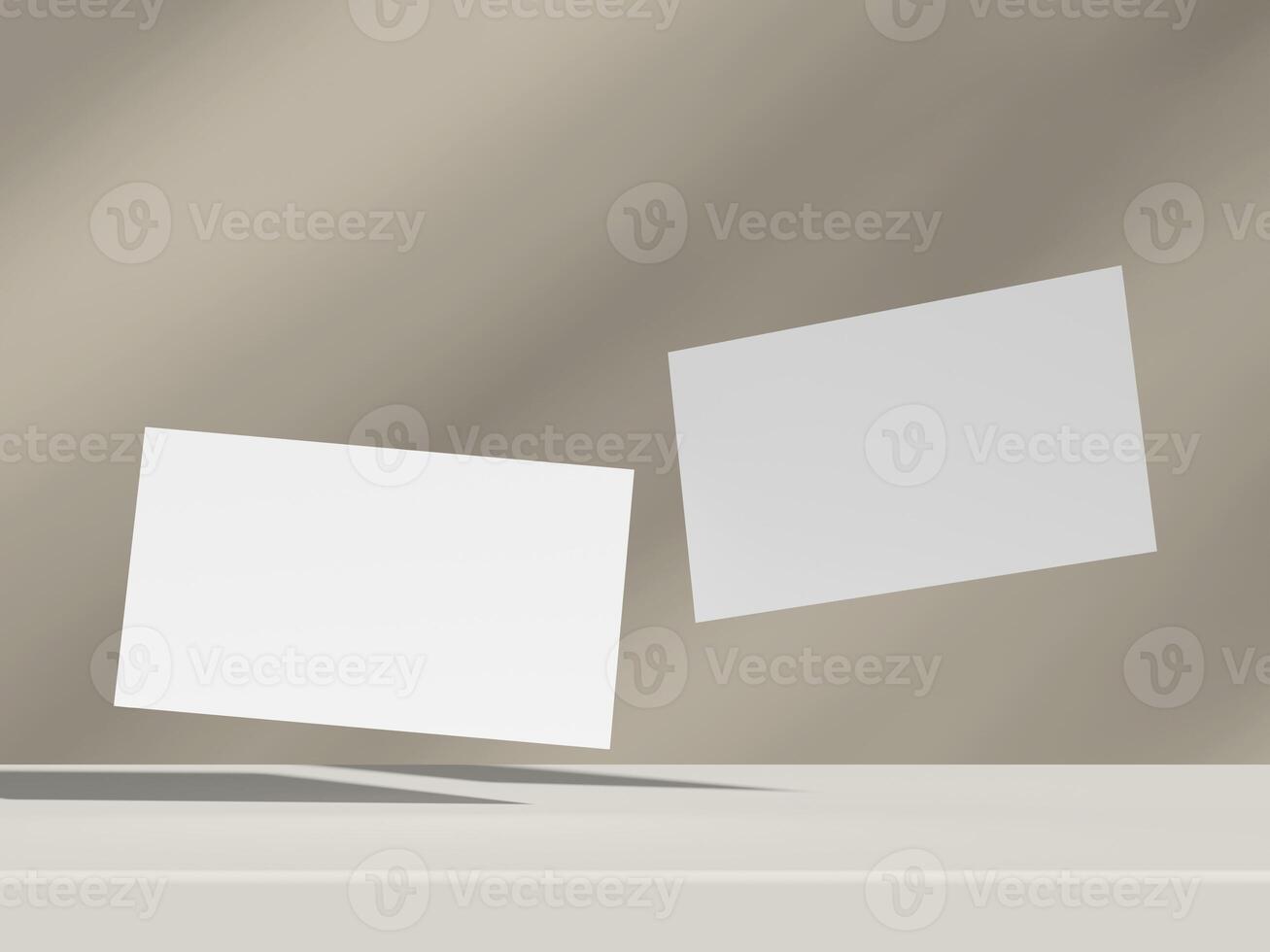 Floating business cards in minimal design with soft shadows on beige-gray background photo