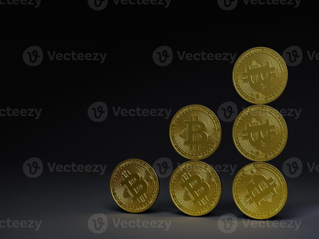 Several bitcoin coins arranged in a triangular formation. photo
