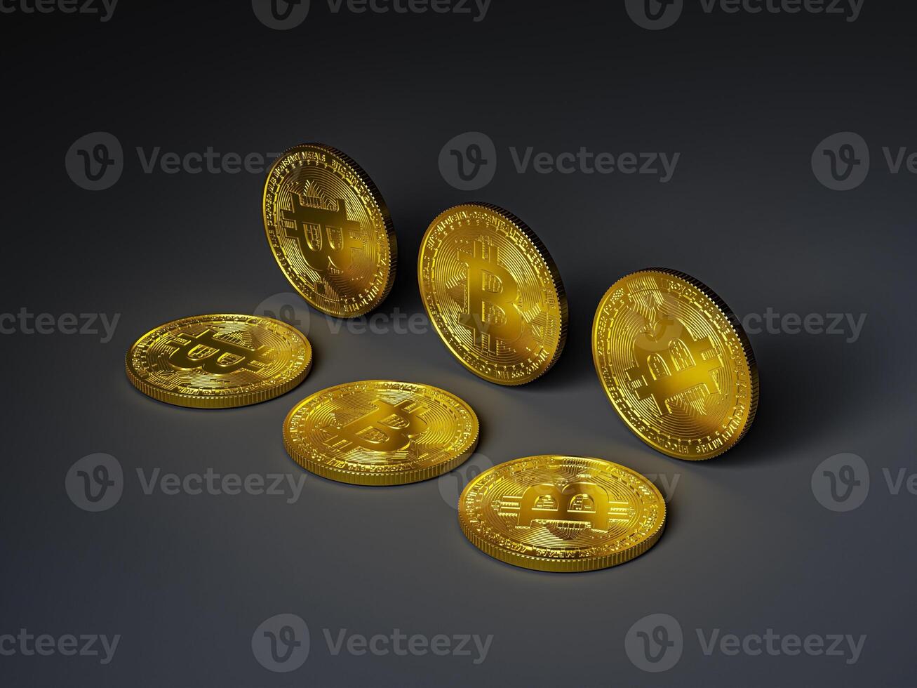 Golden bitcoin coins placed on dark background. photo