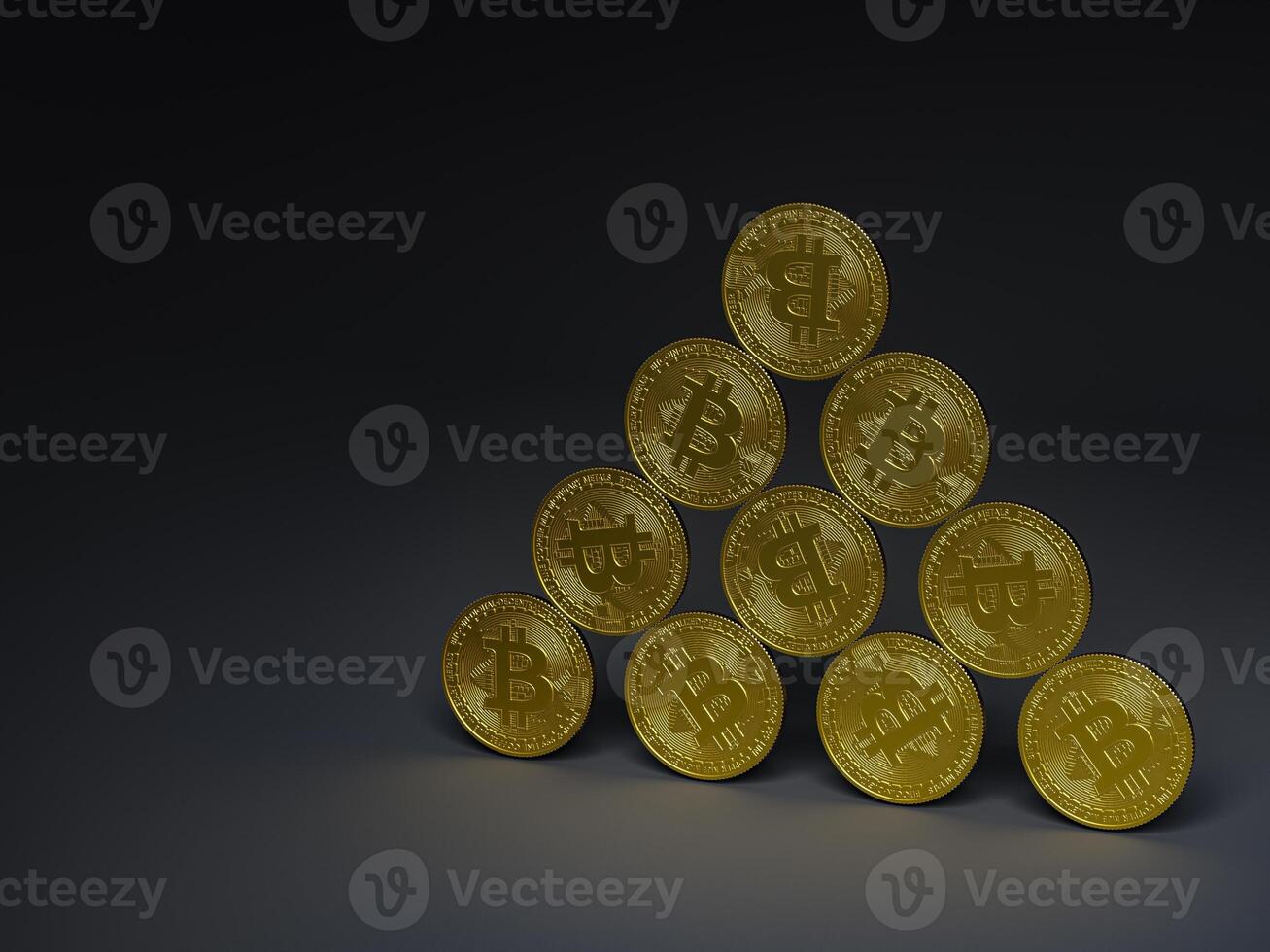 Bitcoin coins arranged in an ascending formation on black background. photo
