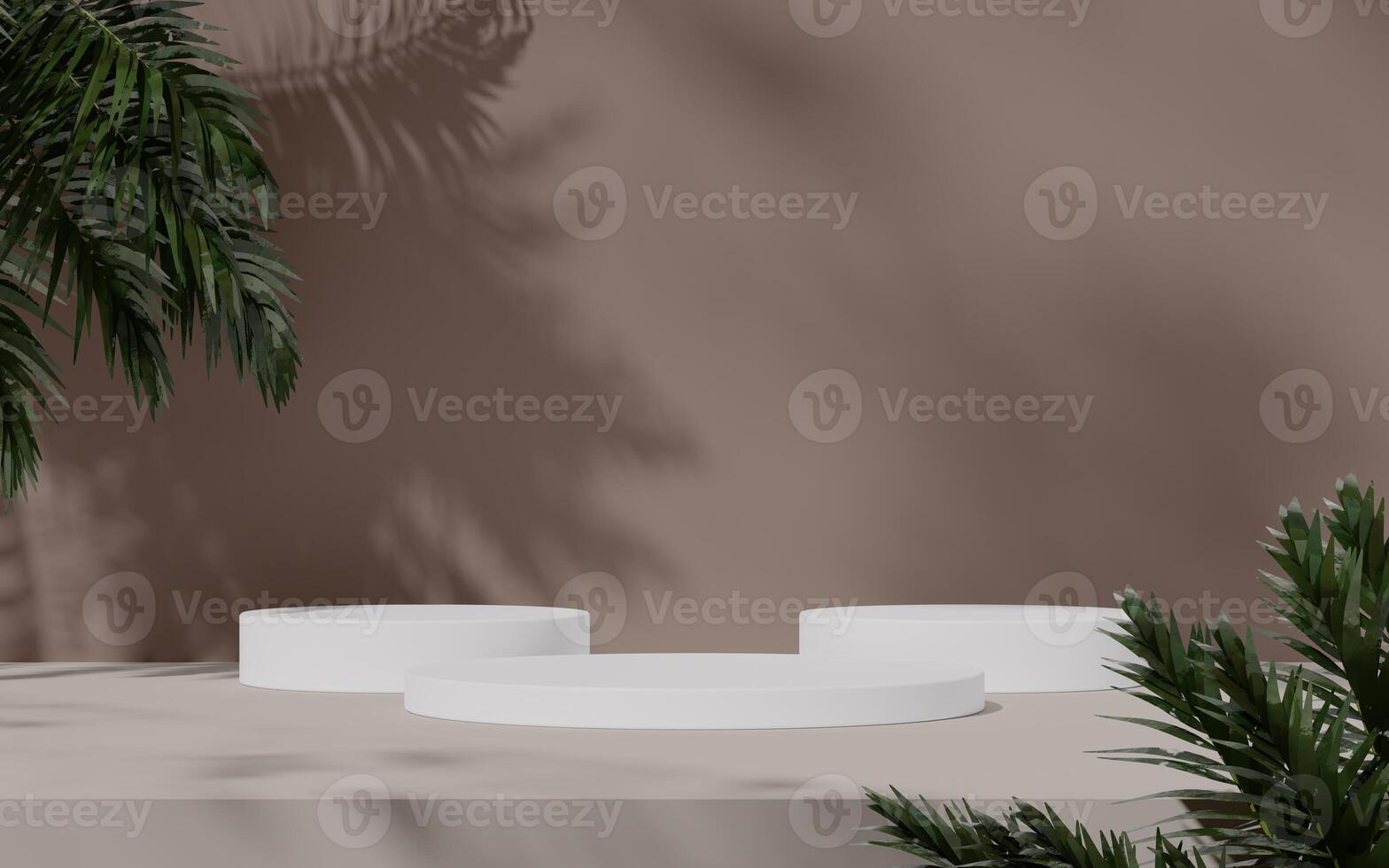 Three white podiums arranged with shadows and green plant accents in soft lighting. photo