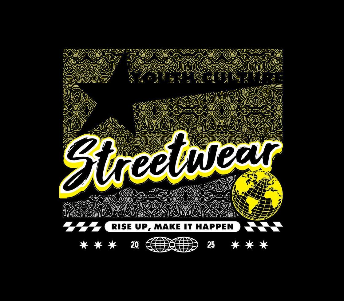 Futuristic youth culture illustration in Y2K style T-shirt design with typographic elements, suitable for posters, streetwear, and urban fashion vector