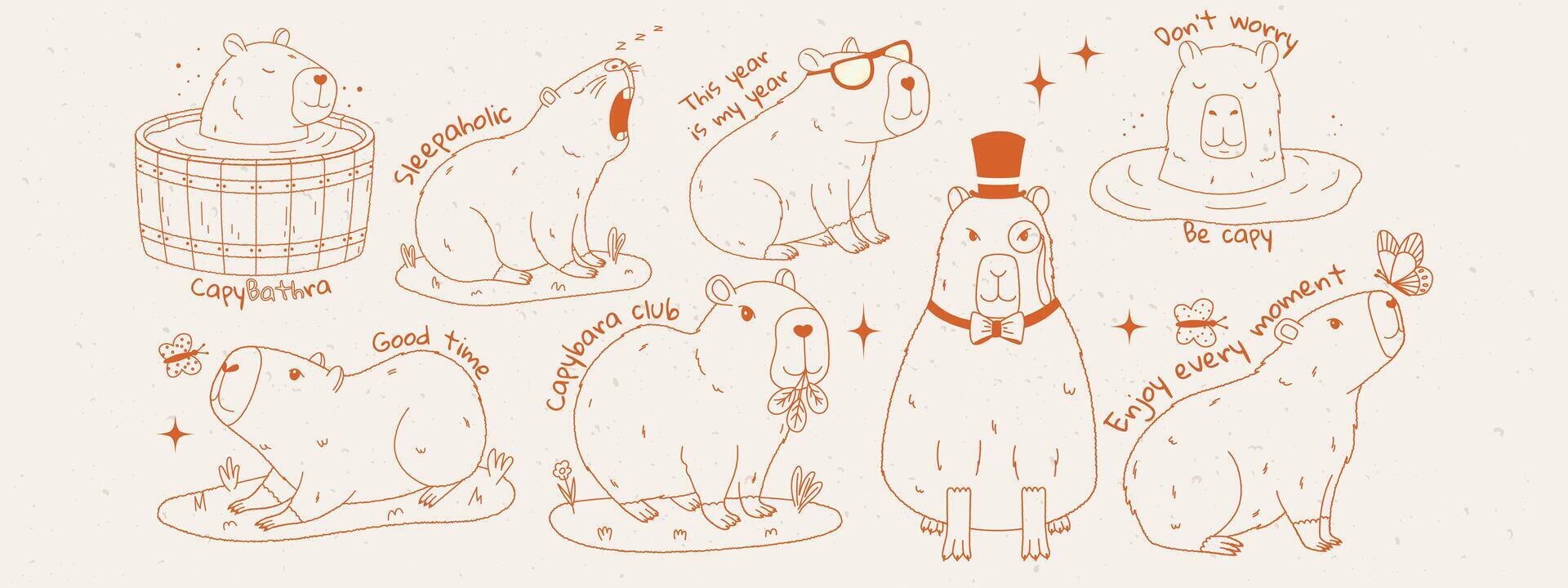 Cute capybara set with text. Set of rodent characters swimming in pond, relaxing, playing, eating. Charcoal or chalk drawing. Hand drawn illustration. vector