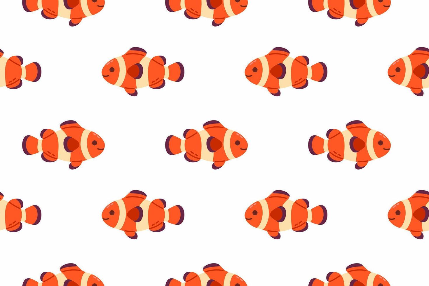 Tropical underwater pattern with orange clownfish repeated on white background, suitable for children and ocean themes vector