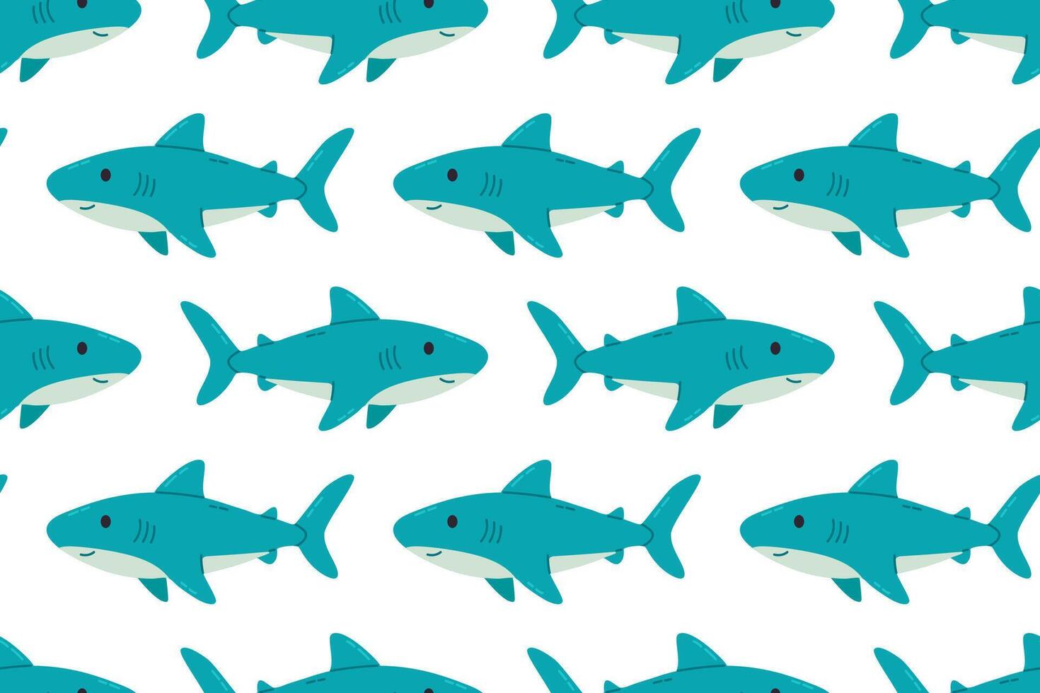 Seamless pattern of blue sharks swimming on white background, suitable for childrens marine-themed designs and packaging vector
