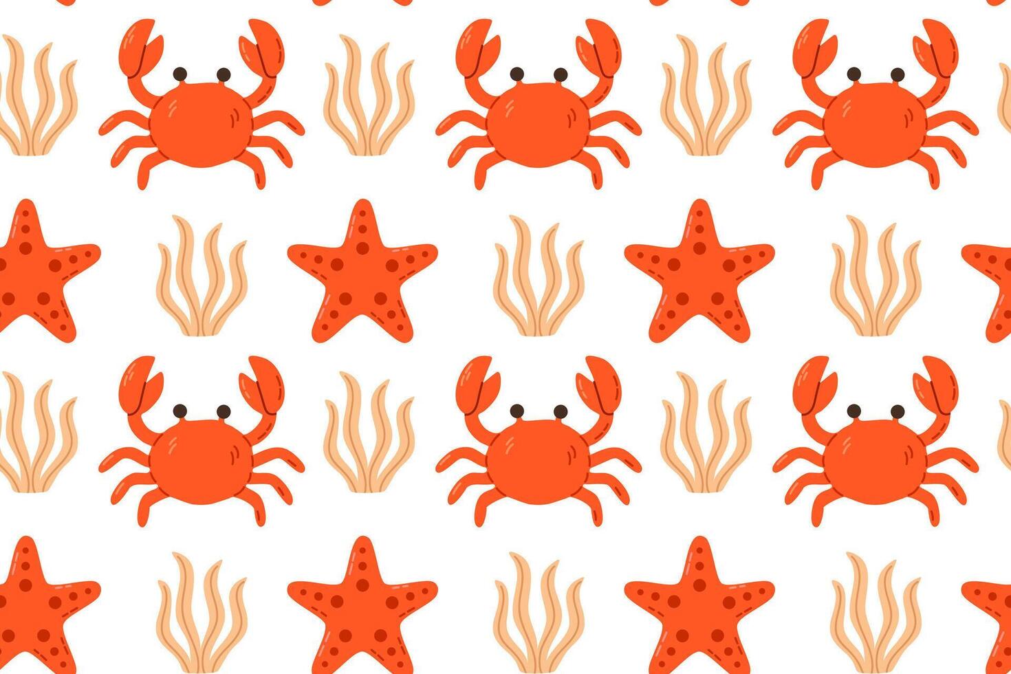 Seamless pattern featuring crabs, starfish, and seaweed in red and beige tones, ideal for decorative marine visuals vector