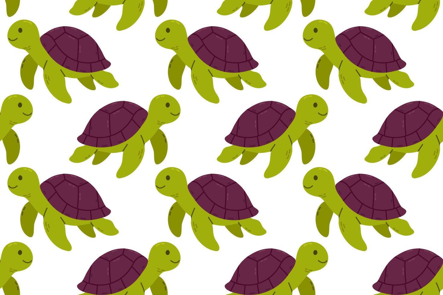 Green and purple turtles in seamless repeat on a white background, suitable for ocean-themed packaging or textile products vector