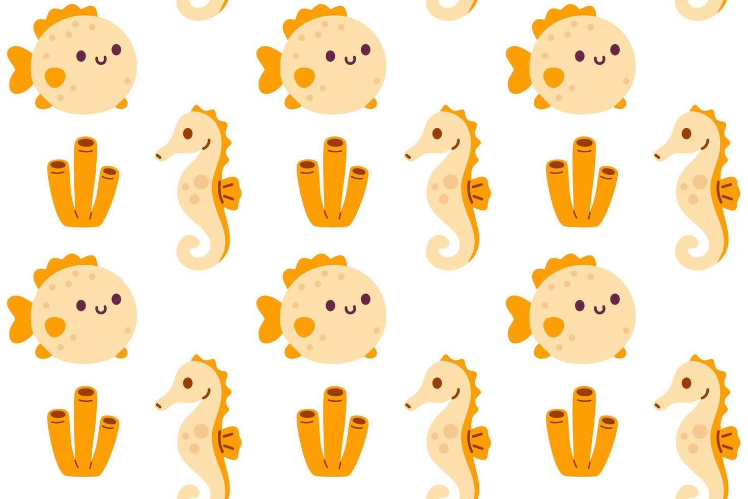 Seamless pattern with seahorses and pufferfish in warm yellow and orange tones on a soft white background vector