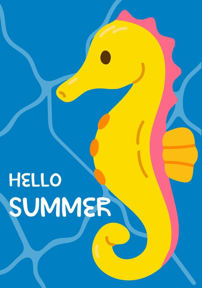 Colorful summer card with a yellow seahorse on a dark blue background with water patterns and bold seasonal message vector