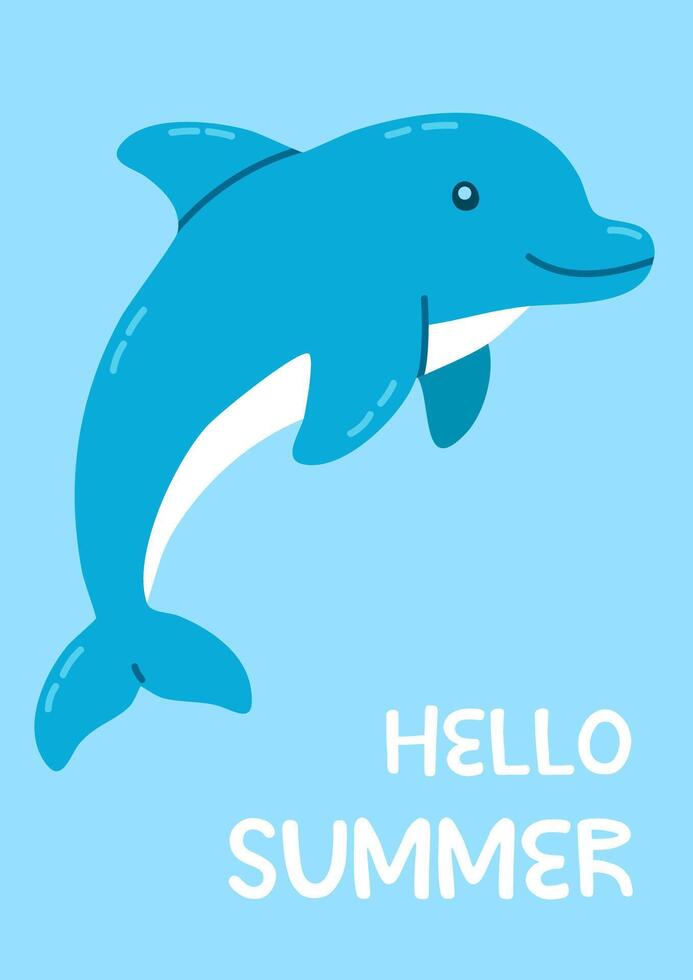 Blue dolphin jumping on a light background with playful summer text, perfect for ocean-themed greeting cards and kids products vector