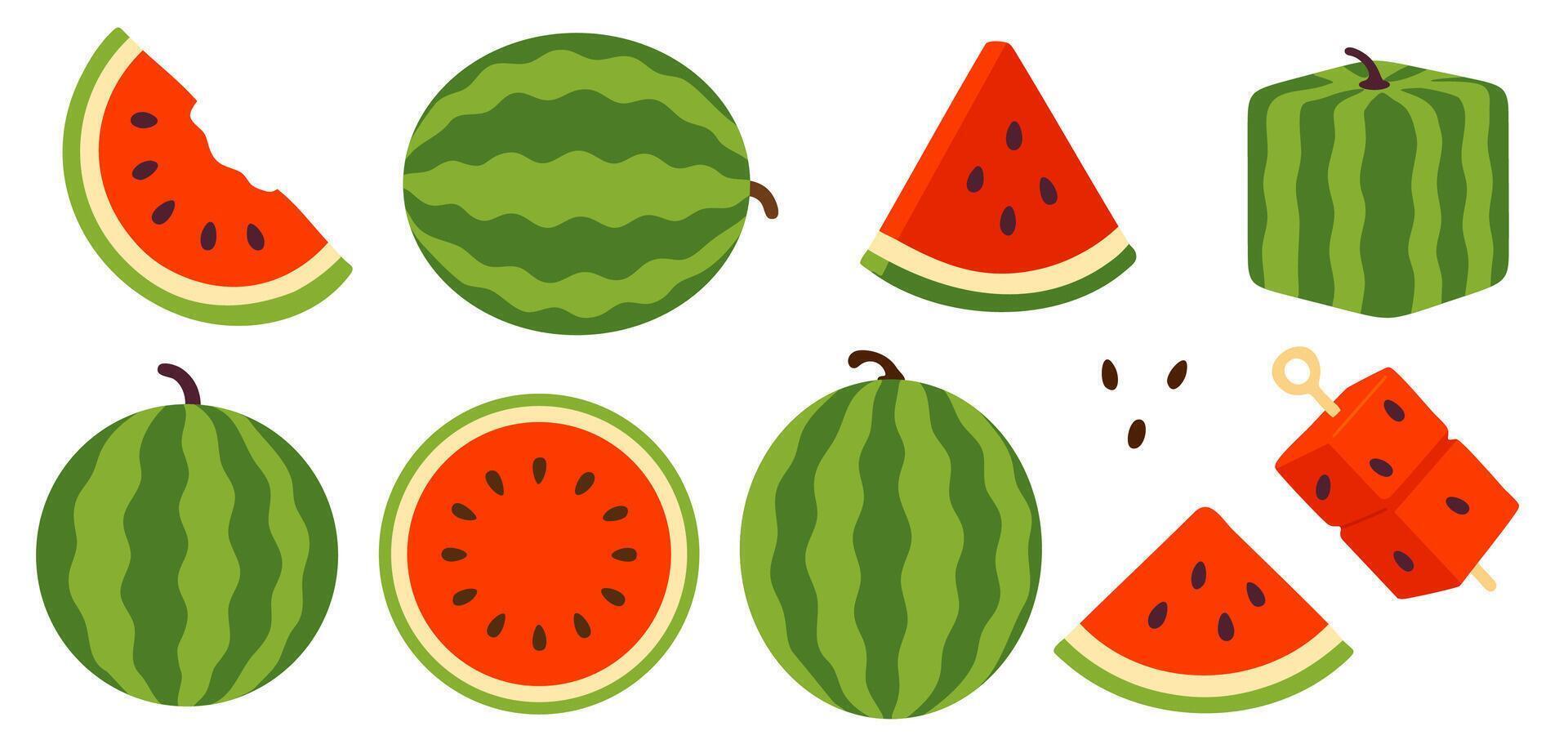 Fresh watermelons with red cubes, slices, and scattered seeds on white background, great for summer food, playful visuals, and creative educational or game themes vector