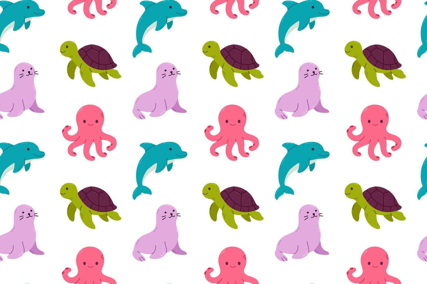 Seamless marine pattern with dolphins, seals, turtles, and octopuses on white background, ideal for kids' and educational designs vector