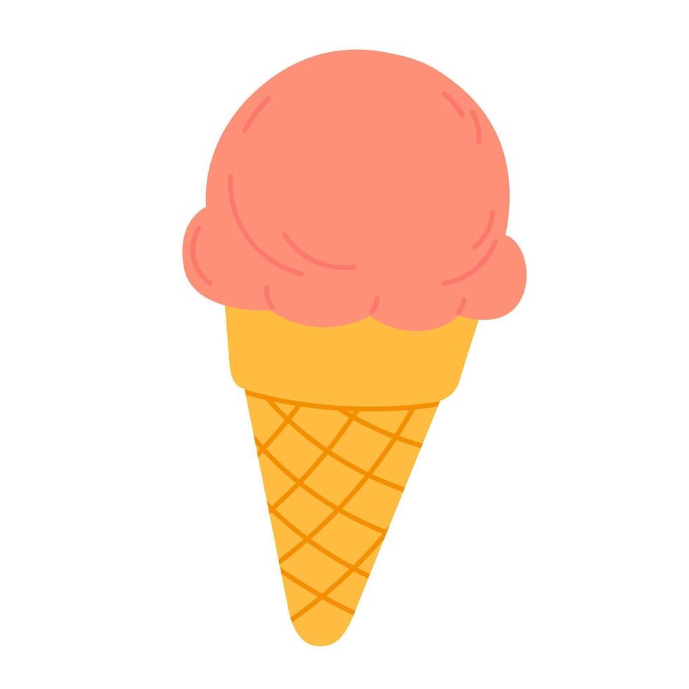 Peach-colored ice cream scoop in waffle cone on white background, perfect for fruity dessert themes and summer food projects vector