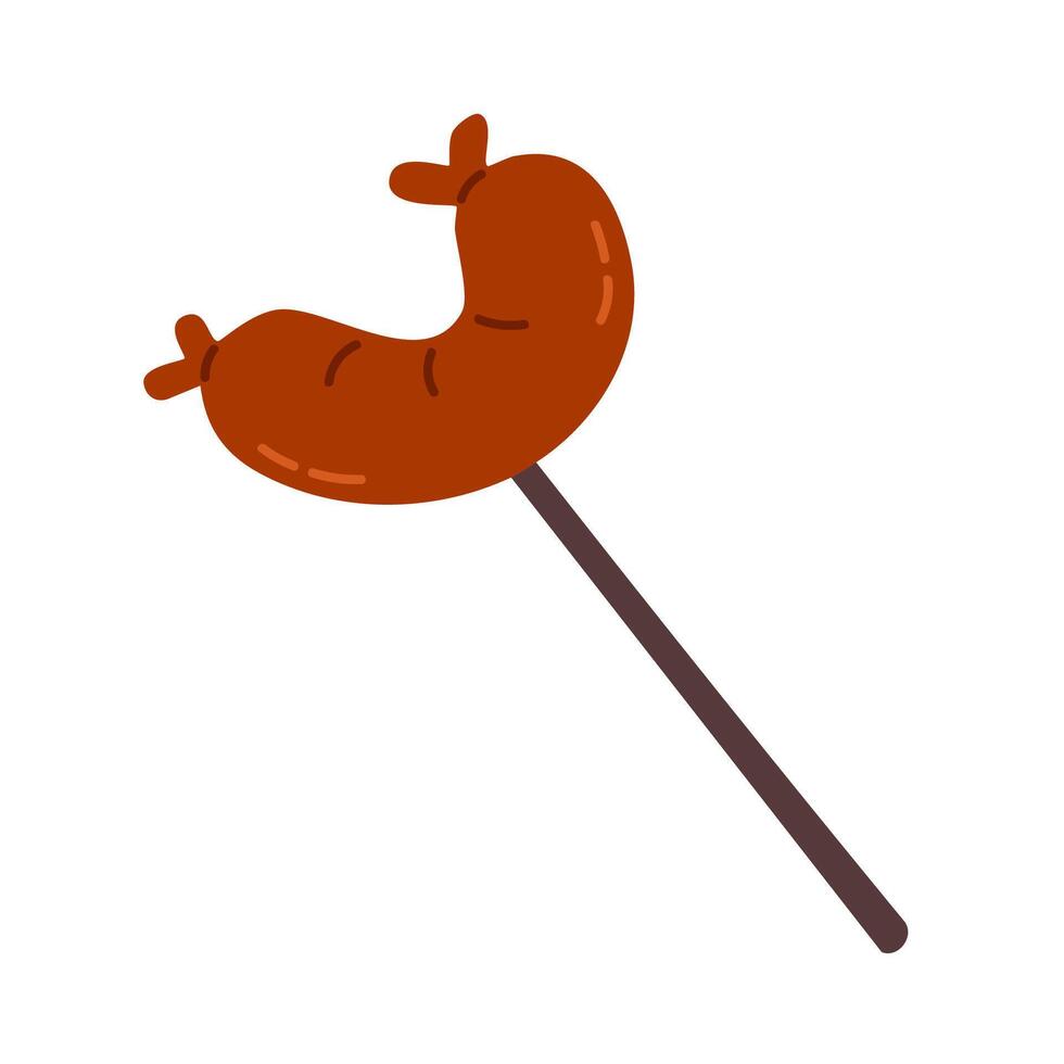 Grilled sausage on a wooden stick, perfect for campfire cooking, BBQ, or camping meals vector
