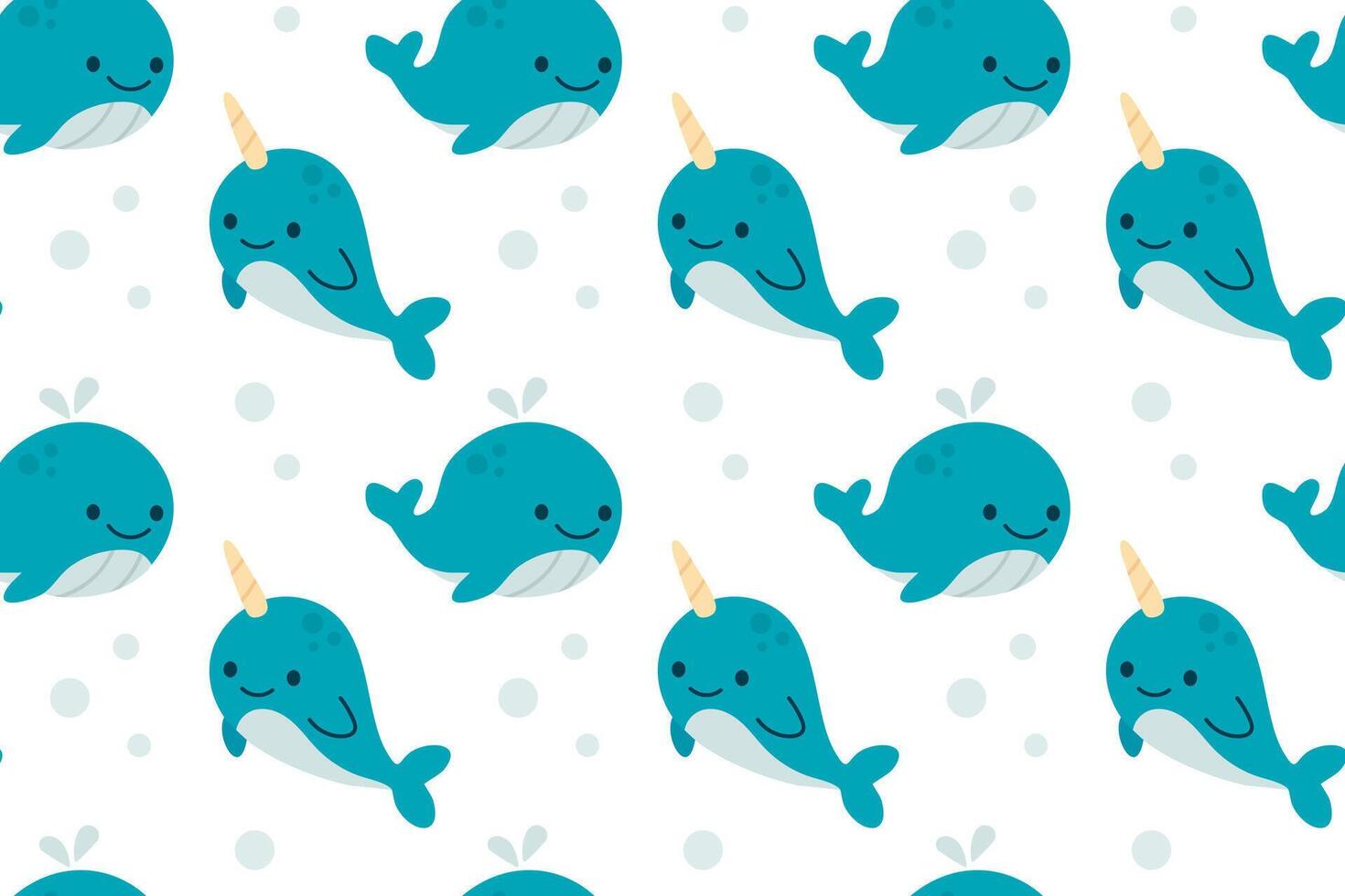 Seamless pattern with smiling narwhals and small bubbles on white background, ideal for ocean-themed childrens products vector