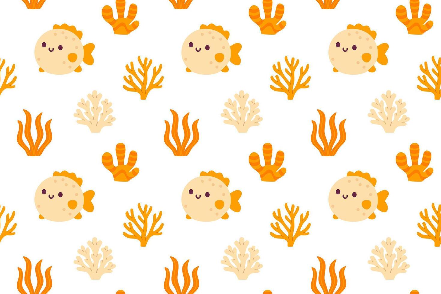Cute beige pufferfish and seaweed elements arranged in a seamless ocean-themed pattern on white background vector