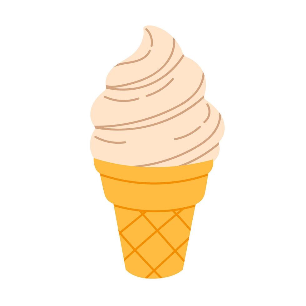 Soft serve ice cream in a cone with beige swirl on white background, ideal for sweet food visuals, packaging, and dessert themes vector