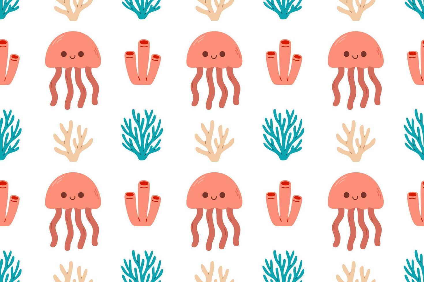 Seamless ocean pattern with smiling jellyfish, coral, and seaweed on a white background, ideal for marine-themed childrens products vector