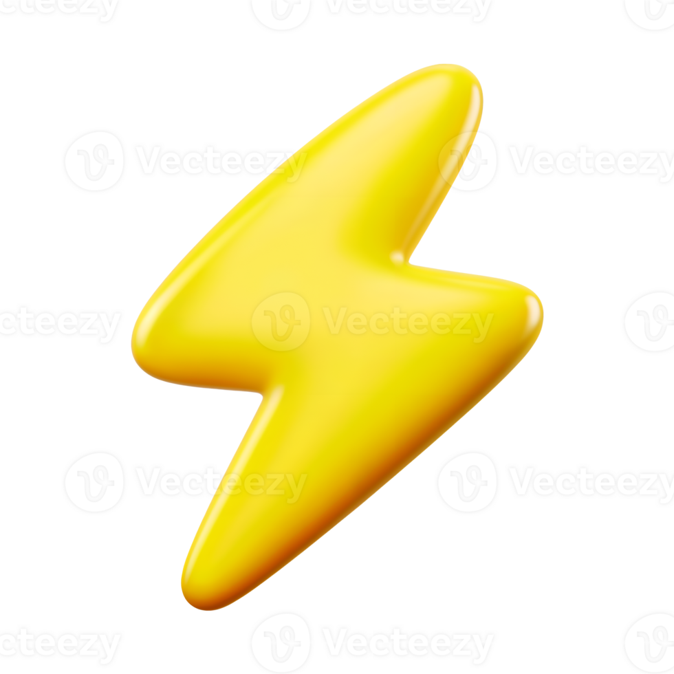 3d Yellow Lightning Thunder bolt icon isolated on transparent background. 3d rendering Cartoon plastic style png