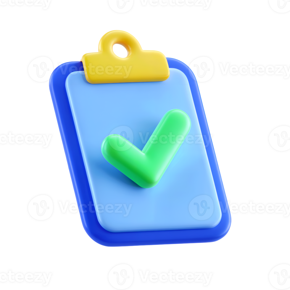 3d Clipboard with checkmark icon isolated on transparent background. 3d rendering Cartoon plastic style png