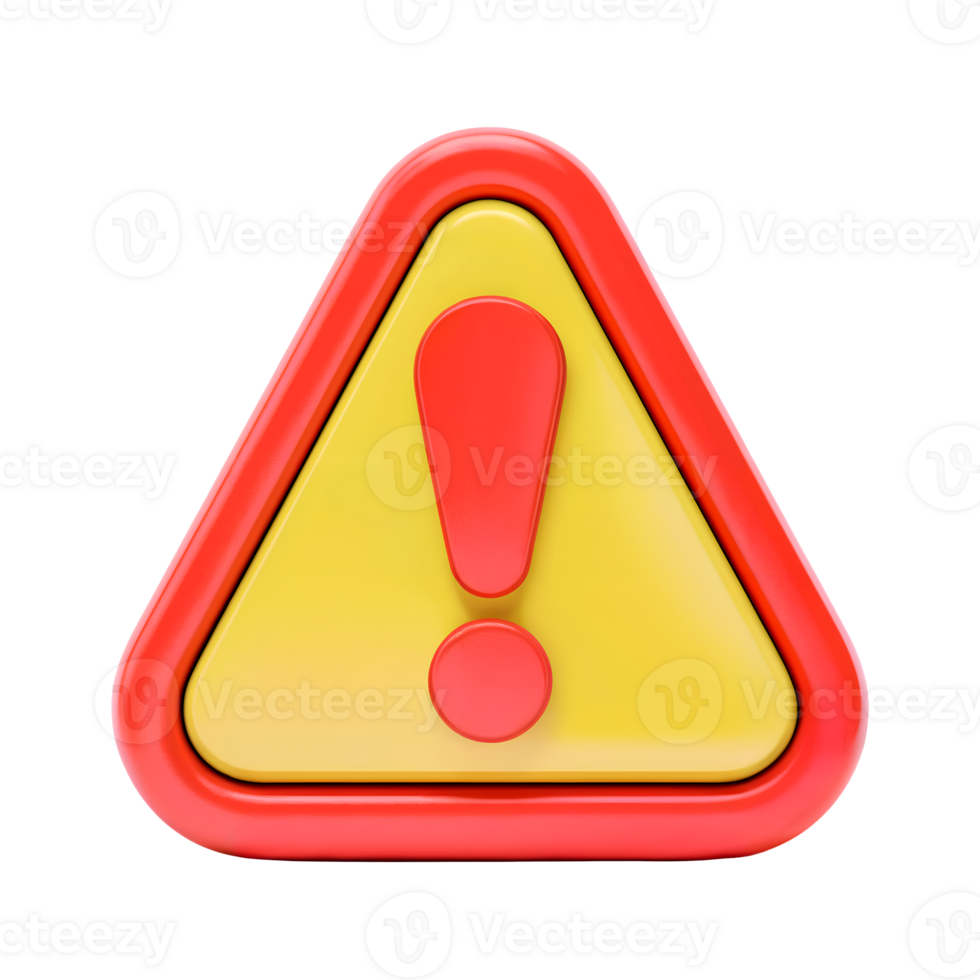 3d alert warning caution sign attention icon isolated on transparent background. 3d rendering Cartoon plastic style png