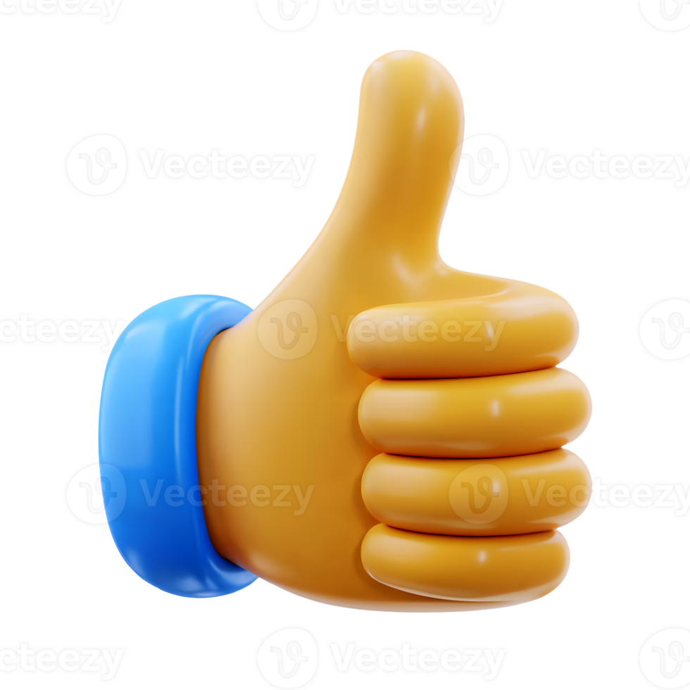 3d Like Thumb up Hand Gesture positive icon isolated on transparent background. 3d rendering Cartoon plastic style png