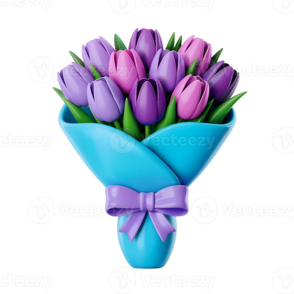 3d bouquet of flowers icon isolated on transparent background. 3d rendering Cartoon plastic style png