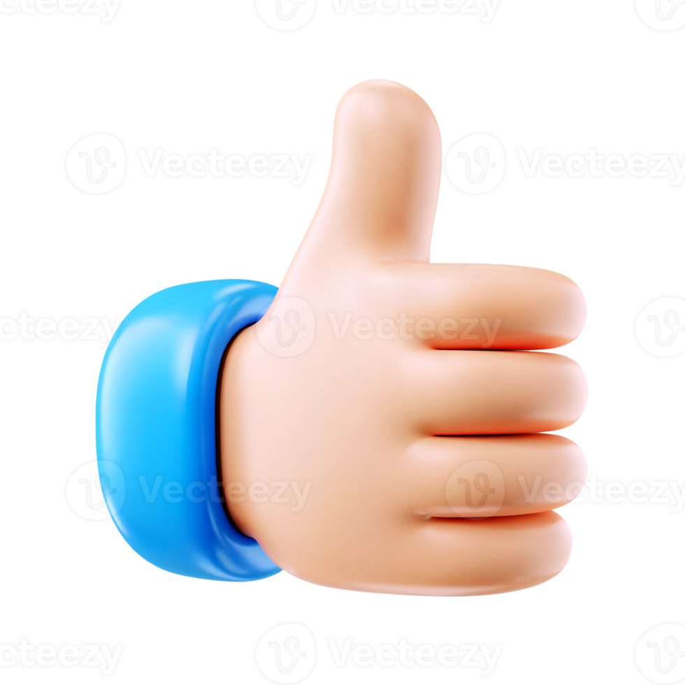 3d Like Thumb up Hand Gesture icon isolated on transparent background. 3d rendering Cartoon plastic style png