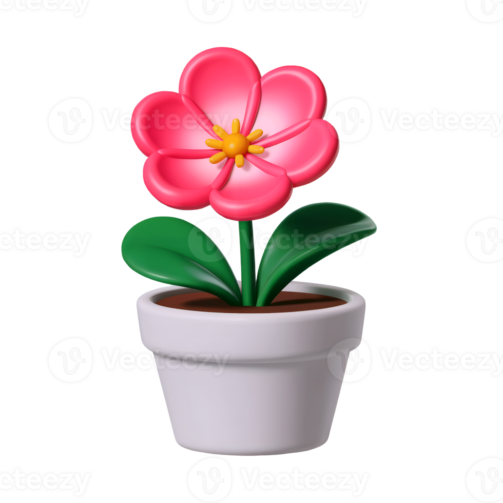 3d Pink flower in pot icon isolated on transparent background. 3d rendering Cartoon plastic style png