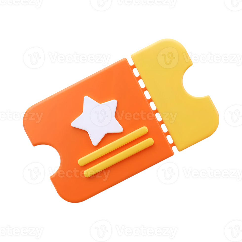 3d ticket icon isolated on transparent background. 3d rendering Cartoon plastic style png