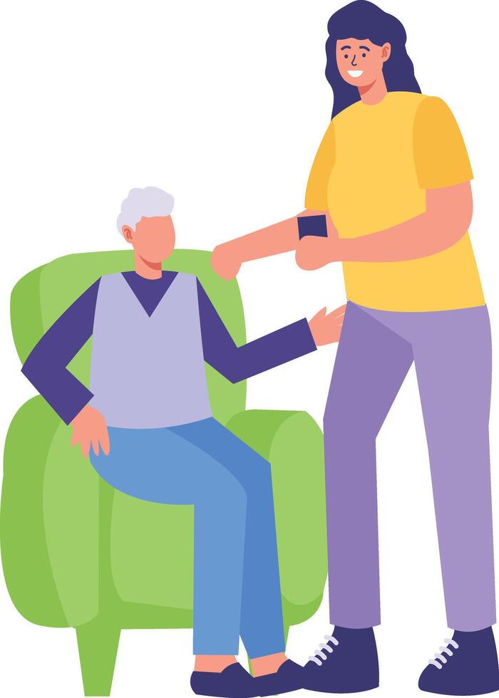 Volunteer Character Helping Elderly in Flat Design. vector