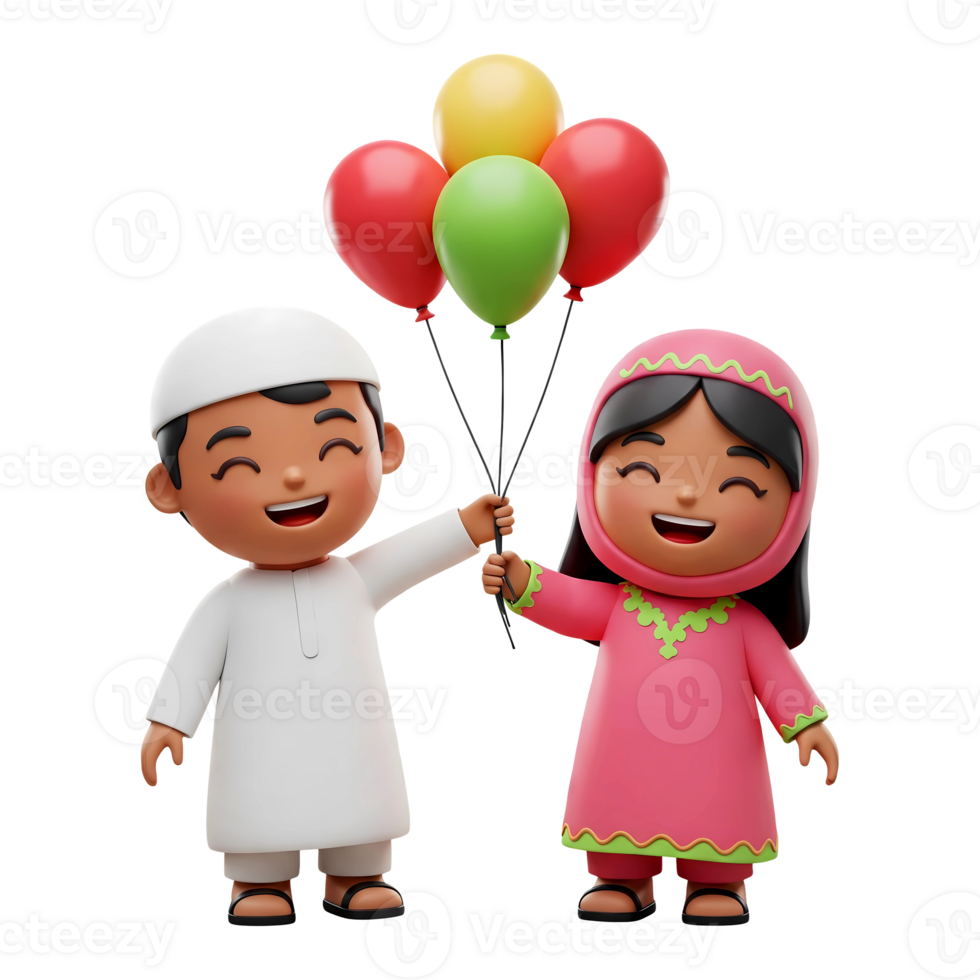 3D rendering of two arab children cartoon characters holding balloons png
