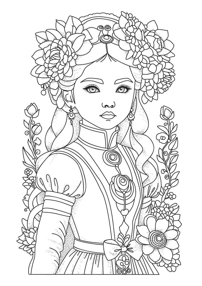Coloring page. Girl with a beautiful hairstyle decorated with flowers. vector