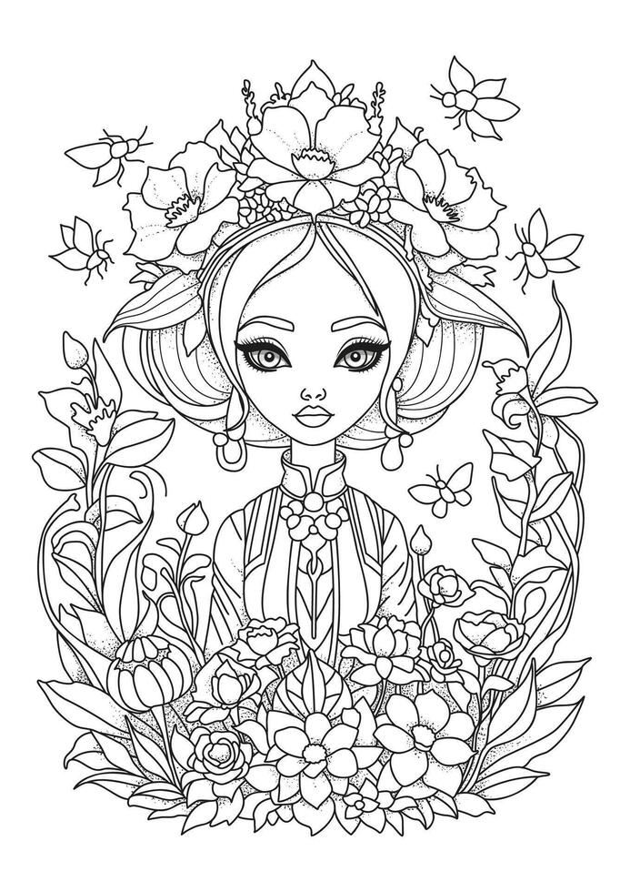 Portrait of a cute girl in the garden, with her hair decorated with flowers. Coloring page. Illustration for coloring. vector