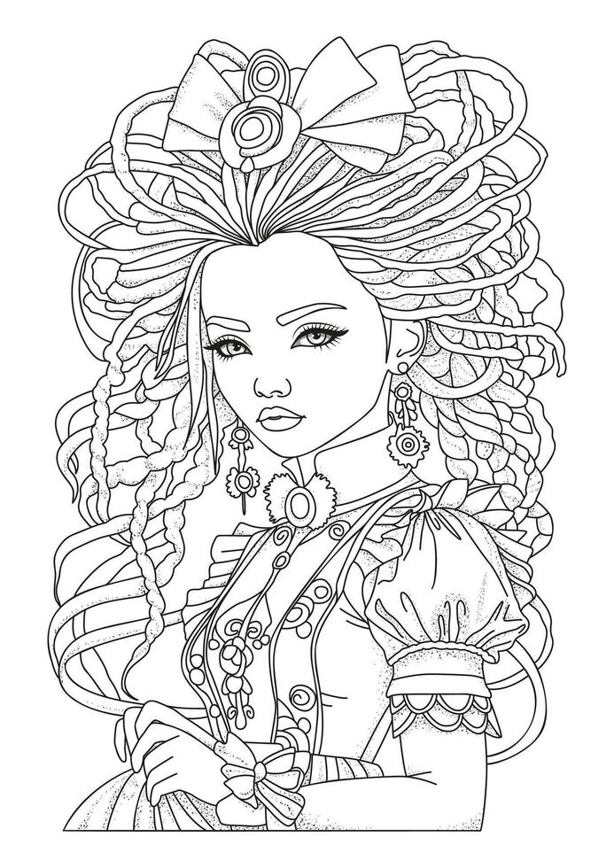 Portrait of a beautiful girl with dreadlocks. Coloring page. Illustration for coloring. vector