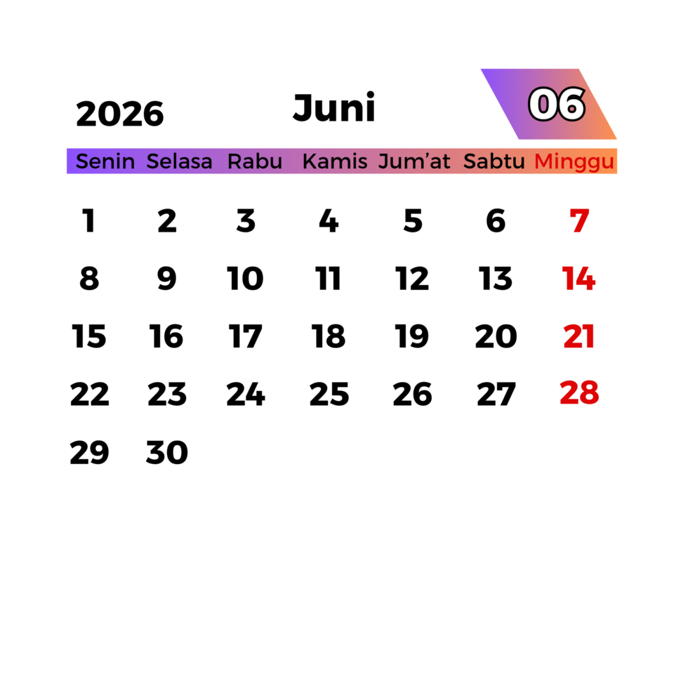 calendar template june 2026 transparent background png