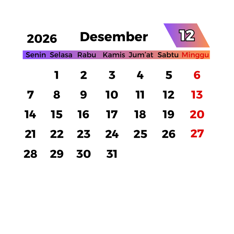 calendar template december 2026 trasnparent background png