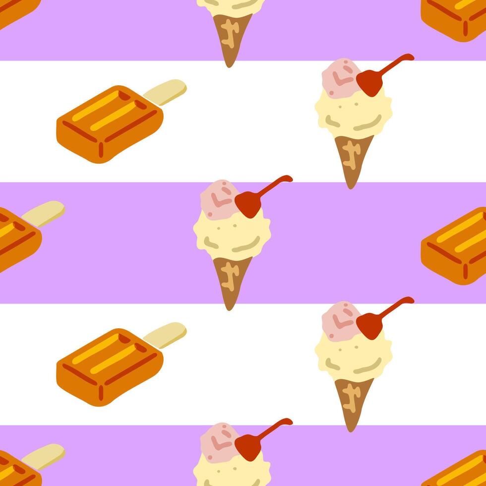 Seamless Ice Cream Summer Pattern. Ice cream cones with scoops and cherries alternating with cold treats on striped violet and white background. Bright cartoon style, seamless tileable pattern. vector