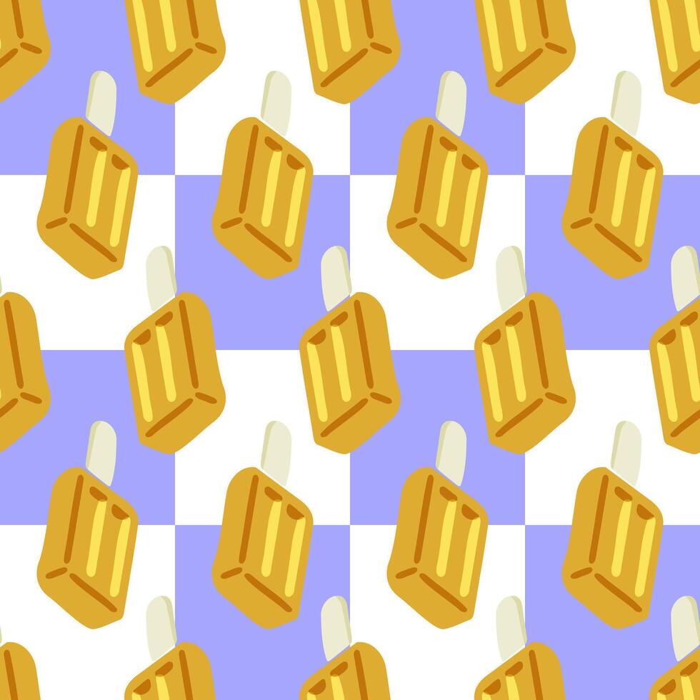 Seamless Ice Cream Stick Pattern. Ice cream stick, yellow frozen dessert repeated on checkered background. vector