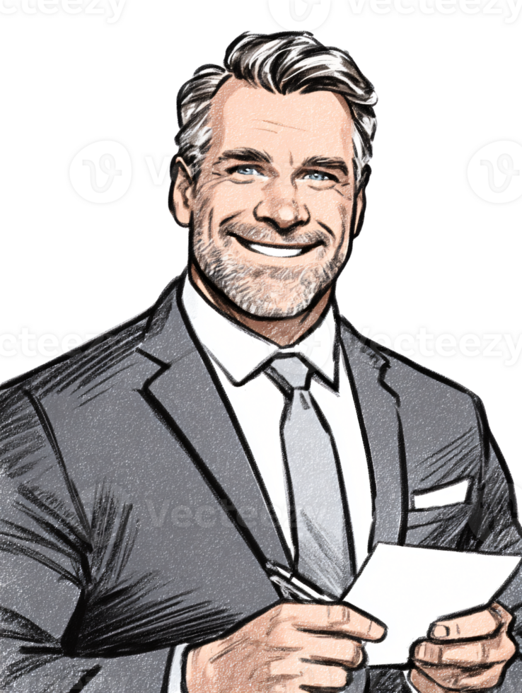 Professional man in suit smiling with notepad and pen in hand png