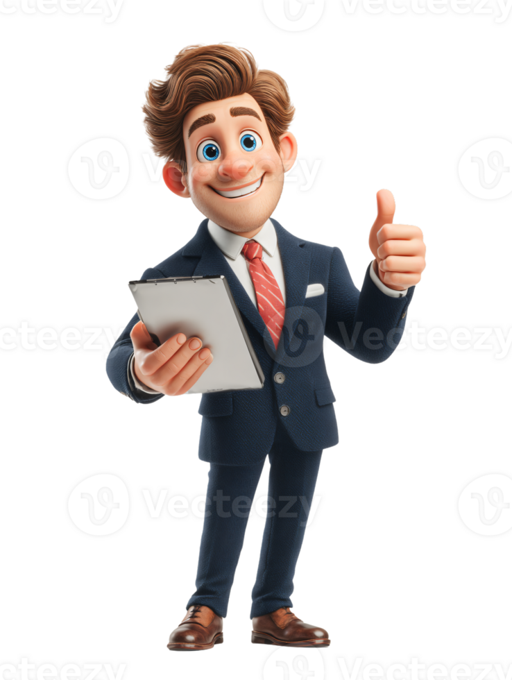Cheerful businessman holding clipboard and giving thumbs up gesture png